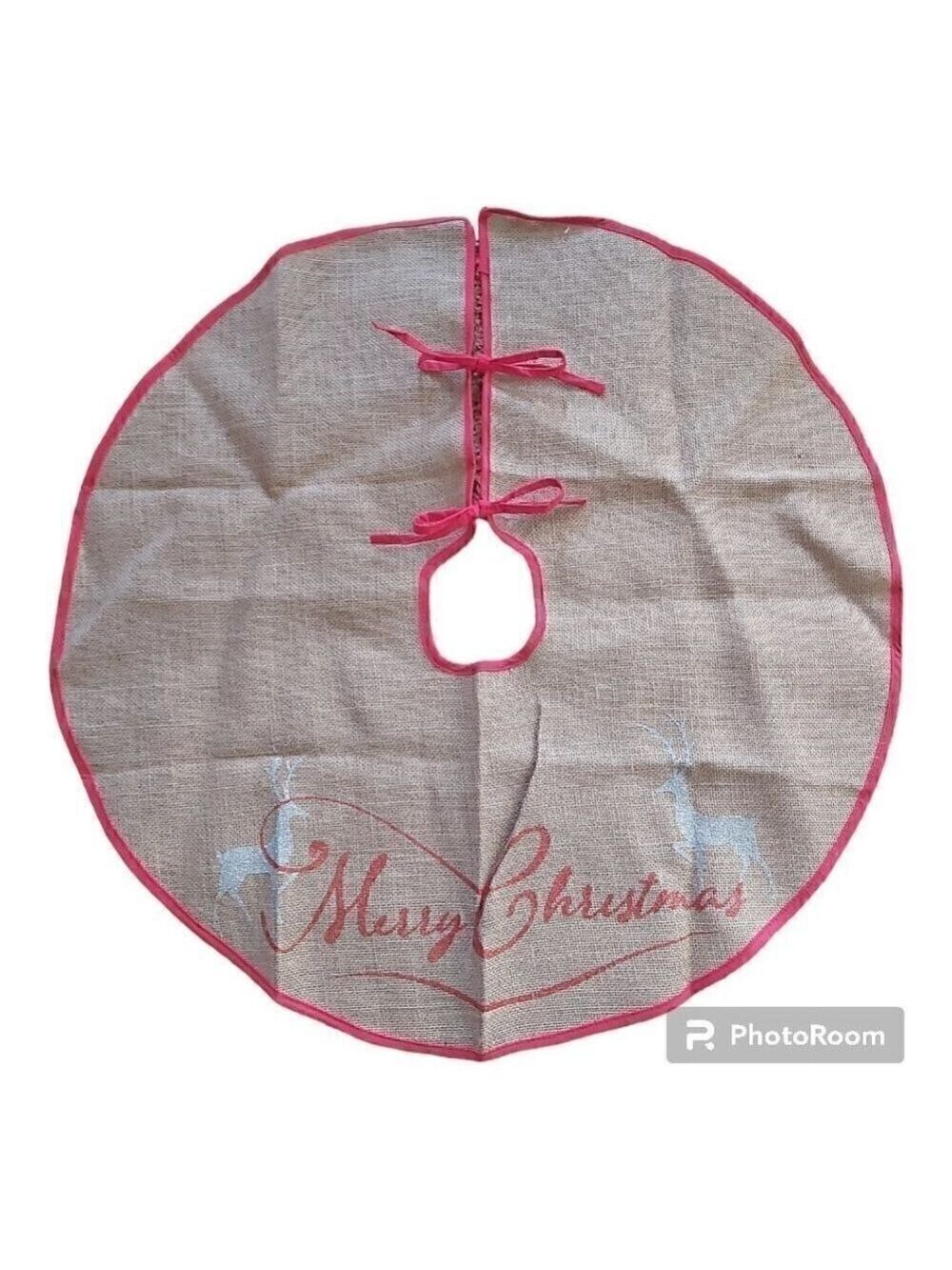 Nwot Medium Classic Burlap Merry Christmas Tree Skirt W/Red Trim- Size 28.5 In